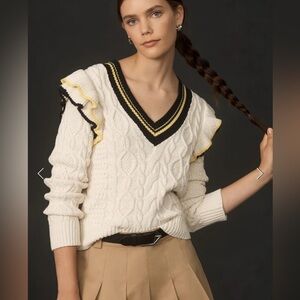 NWT Anthropologie Maeve Ruffle V-Neck Cable Sweater Size M